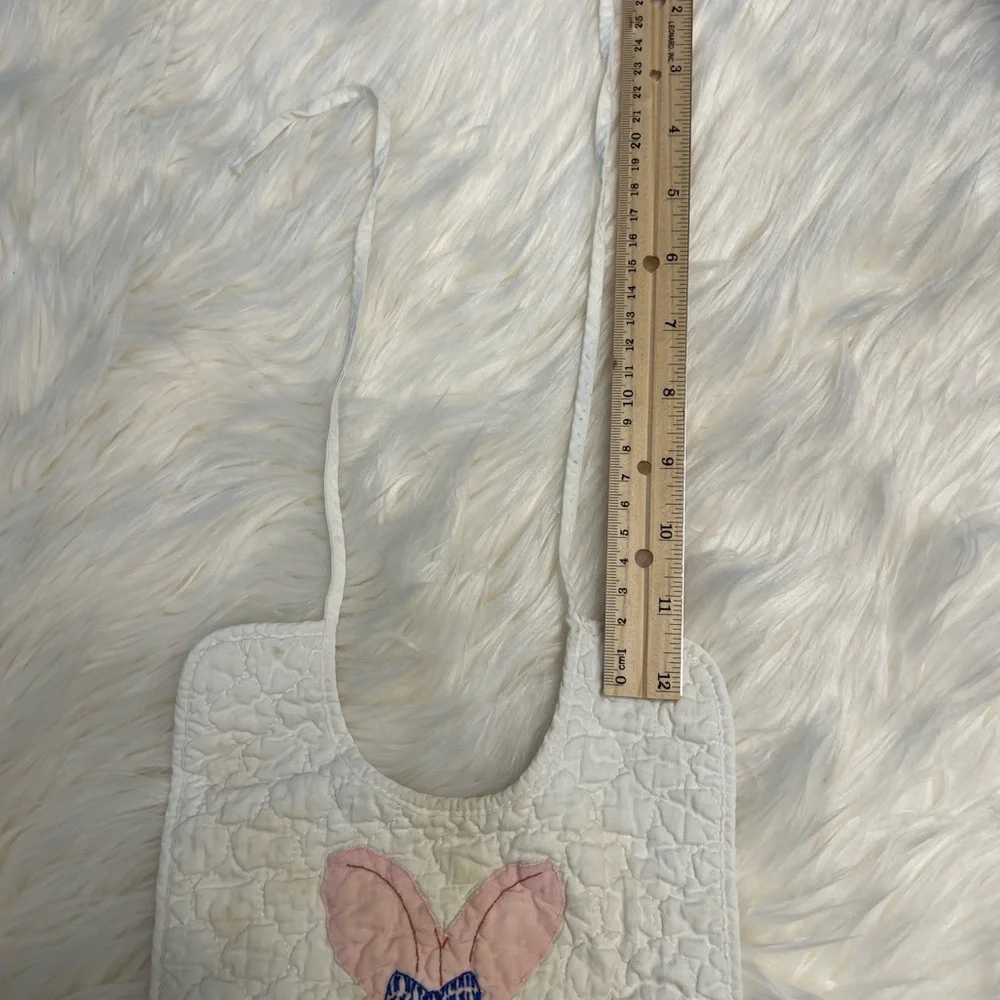 VTG Vintage 1960 Quilted Cotton Appliqué Baby Bib Pink Bunny Rabbit White